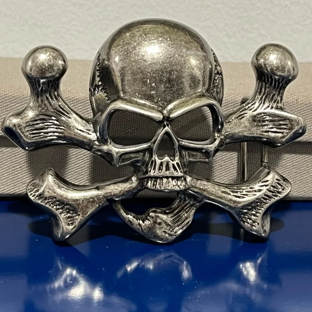 Pirate Skull Crossbones Pewter Silver Tone Belt Buckle Vintage 80s 90s Mens
